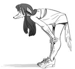 anthro bent_over bodily_fluids clothing female footwear hair shoes simple_background sneakers solo sweat white_background uzon jessie_(uzon) canid canine canis mammal wolf black_and_white monochrome