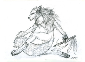 anthro axe feathers male melee_weapon nude pigtails simple_background smile smirk solo tail weapon white_background rukis canid canine canis mammal wolf monochrome
