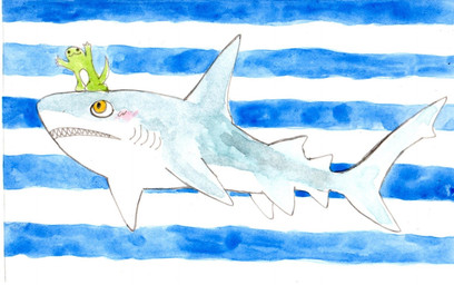 ambiguous_gender blush dot_eyes duo feral fin gills green_body grey_body looking_up_at_another pattern_background pink_blush riding_on_head sharp_teeth simple_background simple_eyes striped_background teeth white_body yellow_eyes kyokyota amphibian aquatic fish shark 2014 hi_res painting_(artwork) traditional_media_(artwork) traditional_painting_(artwork) traditional_watercolor_(artwork) watercolor_(artwork)