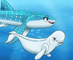 belly blue_background blue_body blue_eyes brown_eyes dorsal_fin duo female feral fin male simple_background spots white_belly white_fin white_head white_spots macrolago disney finding_dory finding_nemo pixar bailey_(finding_dory) destiny_(finding_dory) aquatic beluga carpet_shark cetacean fish mammal monodontid shark toothed_whale whale_shark whale_tail_(disambiguation) 2024 hi_res