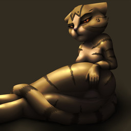 anthro breasts brown_background brown_body brown_fur brown_tail butt dark featureless_breasts female frown fur genitals hand_on_butt lying markings multicolored_body multicolored_fur nude on_side orange_eyes presenting presenting_vulva simple_background solo spread_butt spreading striped_markings striped_tail stripes tail tail_markings two_tone_body two_tone_fur vulva friskalpox domestic_cat felid feline felis mammal tabby_cat 1:1 hi_res