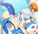 bikini bite blue_bikini blue_clothing blue_eyes blue_swimwear blue_tail breasts butt clothing duo female hair partially_submerged pigtails short_pigtails swimming_pool swimwear tail teeth two-piece_swimsuit two_tone_bikini water white_bikini white_clothing white_swimwear requiemdusk hololive hololive_en vtuber bloop_(gawr_gura) gawr_gura animal_humanoid fish fish_humanoid humanoid marine marine_humanoid shark_humanoid digital_media_(artwork) shaded