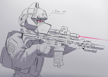 anthro armor cat_ear_helmet clothing gun hand_on_gun headgear helmet holding_gun holding_object holding_ranged_weapon holding_weapon laser laser_beam male military military_uniform ranged_weapon red_eyes rifle rifle_barrel rifle_on_shoulder rifle_scope side_view simple_background solo thought_bubble topwear trigger_discipline uniform vest weapon white_background dullanboi canid mammal half-length_portrait hi_res portrait