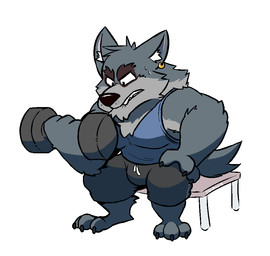 anthro bodily_fluids bottomwear bulge clothed clothing exercise fur grey_body grey_fur male muscular muscular_anthro muscular_male pants shirt simple_background sitting solo sweat topwear white_background workout spookyblain password_(visual_novel) tyson_(password) canid canine canis mammal wolf 2019