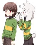 big_ears blush braided_hair braiding_hair brown_hair clothed clothing duo hair happy male musical_note musical_symbol personal_grooming red_eyes simple_background styling_hair symbol white_background young porygonleft undertale undertale_(series) asriel_dreemurr chara_(undertale) boss_monster_(undertale) bovid caprine human mammal monster