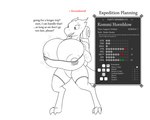 2022 absurd_res anthro athletic_wear backpack bedroll big_breasts bodily_fluids bottomwear bra breast_expansion breasts character_name clothing different_sound_effects digital_drawing_(artwork) digital_media_(artwork) digitigrade english_text expansion female gameplay_mechanics gym_bottomwear gym_shorts hi_res holding_object huge_breasts hyper hyper_breasts keinga kobold kommi_hornblow lactating lactating_through_clothing leaking line_art liquid_inflation looking_at_self meter motion_onomatopoeia nipple_slip nipples onomatopoeia open_mouth restricted_palette scalie shorts slosh sloshing_breasts solo sound_effects stats status_effect surprise sweat text underwear user_interface water_inflation wet wet_clothing wobbling