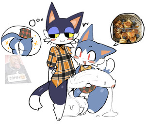 :3 anthro backsack balls big_balls big_butt big_penis biped black_body black_fur blue_body blue_fur blush bodily_fluids bottomless bottomless_anthro bottomless_male butt cat_tail clothed clothing duo flannel_shirt fur genital_fluids genitals half-closed_eyes heart_symbol huge_balls huge_penis hyper hyper_balls hyper_genitalia hyper_penis male male/male markings multicolored_body multicolored_fur narrowed_eyes penis precum precum_string purple_eyelids sleeveless_shirt sweat sweaty_balls sweaty_genitalia tail thought_bubble touching_penis vein veiny_penis whiskers white_body white_fur yellow_sclera shiyaa_stuff animal_crossing nintendo zamn punchy_(animal_crossing) rover_(animal_crossing) domestic_cat felid feline felis mammal