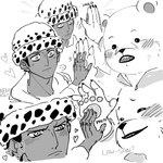 anthro biped blush clothing dot_eyes duo hat headgear headwear hoodie humanoid_hands male pawpads paws simple_background text topwear white_background nekokat42 one_piece bepo_(one_piece) trafalgar_law bear human mammal minkmen_(one_piece) polar_bear ursine 1:1 2024 english_text hi_res monochrome