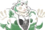 against_surface anthro behind_glass blush clothing eyebrows fur green_body green_fur jacket kerchief male musclegut muscular on_glass pecs pecs_on_glass slightly_chubby solo thick_eyebrows topwear exe_exem lifewonders live_a_hero mokdai canid canine canis domestic_dog mammal digital_media_(artwork)