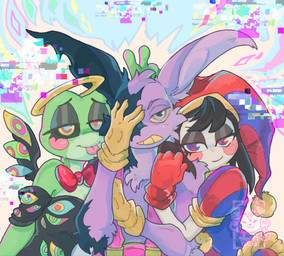 abstract_background anthro black_hair black_sclera blep blush bow_tie clothing countershade_torso countershading face_blush female fool's_hat glitch gloves green_body group hair halo hand_on_face handwear hat headgear headwear jester long_ears male multicolored_clothing overalls pom_poms purple_body rabbit_ears red_clothing red_gloves red_handwear tongue tongue_out trio yellow_clothing yellow_gloves yellow_handwear izapug glitch_productions the_amazing_digital_circus jax_(tadc) pomni_(tadc) ribbit_(tadc) abstraction_(tadc) amphibian frog humanoid lagomorph leporid mammal rabbit hi_res