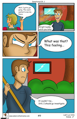 backpack blonde_hair blue_eyes cleaning_tool clothing comic_panel dialogue hair hallway hidden_face locker male mop outside plant red_clothing red_shirt red_topwear school shirt shrub speech_bubble text toony topwear tree window lightluxcollie denatured_(lightluxcollie) mythology faye_(lightluxcollie) human mammal 2018 comic english_text hi_res story url