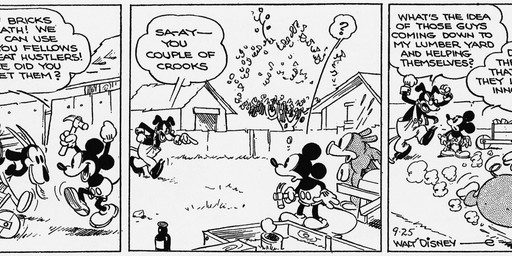 ambiguous_gender anthro bottomwear building clothed clothing dialogue eyewear feral footwear glasses gloves hammer handwear male motion_lines open_mouth outside overalls pants plant quadruped shoes speech_bubble tail text tools tree walking wheelbarrow floyd_gottfredson hardie_gramatky disney public_domain mickey_mouse bovid canid canine canis caprine domestic_dog domestic_pig goat mammal mouse murid murine rodent suid suine sus_(pig) 1930 20th_century absurd_res ancient_art comic dated english_text hi_res long_image monochrome signature wide_image