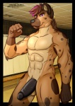 abs animal_genitalia anthro athletic balls bench biceps big_muscles big_penis biped black_nose black_penis brown_body brown_fur brown_hair erection flexing fur genitals grin hair huge_penis inside locker locker_room male markings muscular muscular_anthro muscular_male nude pecs penis pink_eyes pink_hair pose presenting public public_erection sheath smile solo spots standing tan_body tan_fur thick_penis vein veiny_penis zeeka jarlarild kelkko hyena mammal spotted_hyena 2013 hi_res