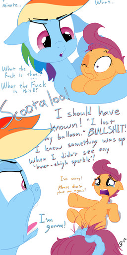 abuse blue_body blue_feathers blue_fur bodily_fluids crying dialogue duo eyes_closed feathered_wings feathers female feral fur hair multicolored_hair navel open_mouth pink_eyes profanity purple_eyes purple_hair quadruped rainbow_hair tail tears teeth text wings young young_feral gavalanche friendship_is_magic hasbro my_little_pony mythology rainbow_dash_(mlp) scootaloo_(mlp) equid equine mammal mythological_creature mythological_equine pegasus absurd_res comic english_text hi_res source_request