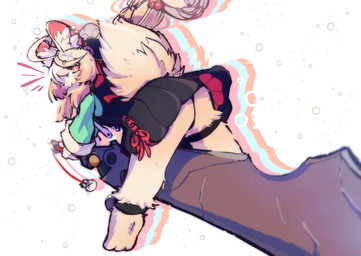 ahoge ankle_band anthro arenya big_tail braided_hair butt clothed clothing female fur hair melee_weapon pink_body pink_fur red_eyes smile smiling_at_viewer solo sword tail upskirt weapon mihoyo zenless_zone_zero zhao lagomorph mammal hi_res