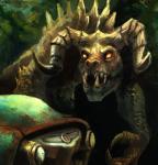 ambiguous_gender anthro back_spikes bent_over car claws curved_horn empty_eyes front_view glowing glowing_eyes horn long_claws nude open_mouth outside rust scales sharp_teeth simple_background snarling snout solo spikes spikes_(anatomy) stalking teeth vehicle yellow_eyes kenket fallout microsoft deathclaw monster scalie 2018 digital_media_(artwork) digital_painting_(artwork) painting_(artwork) restricted_palette