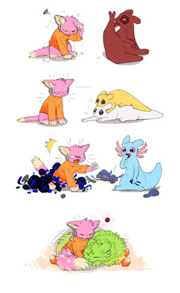 ambiguous_gender clothing ellipsis empty_eyes eyes_closed feral fur green_body green_fur group holding_object inner_ear_fluff licking looking_at_another one_eye_closed open_mouth pawpads paws pink_body quadruped red_body self_lick sleeping tail tongue tongue_out tuft aaasakawa rain_world videocult artificer_(rain_world) five_pebbles_(rain_world) monk_(rain_world) rivulet_(rain_world) saint_(rain_world) survivor_(rain_world) felid feline mammal slugcat 2026 hi_res sibling_(lore)