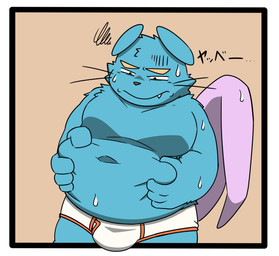anthro belly blue_body bodily_fluids briefs bulge clothing cute_fangs fangs kemono male moobs navel overweight overweight_male solo standing sweat teeth underwear letter_route mammal mouse murid murine rodent 2026 hi_res