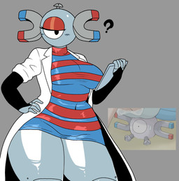 1_eye anthro bedroom_eyes clipboard clothed clothed_female clothing coat eyeshadow female grey_body hand_on_hip holding_clipboard holding_object huge_thighs lab_coat looking_at_viewer machine magnet makeup narrowed_eyes red_eyeshadow seductive solo thick_thighs topwear activeajames nintendo pokemon animate_inanimate generation_1_pokemon humanoid magnemite pokemon_(species) robot robot_humanoid absurd_res hi_res
