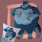 anthro belly belly_overhang big_belly blue_body blue_fur eating fat_rolls food fur hidden_penis male muscular muscular_male nipples nude obese obese_anthro obese_male overweight overweight_anthro overweight_male photo sandwich_(food) simple_background slightly_chubby slightly_chubby_anthro slightly_chubby_male weight_gain mephyboy yukon canid canine canis mammal wolf 1:1 hi_res