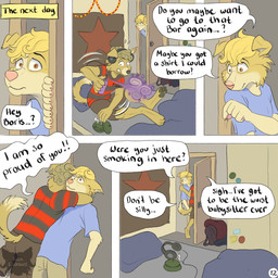 almost_caught anthro barefoot bed bedroom blue_clothing blue_shirt blue_topwear bottomwear brown_eyes clothing curly_hair dialogue duo electronics feet five_frame_image flustered fur furniture hair headphones hug inside logo male male/male on_bed pattern_clothing pattern_shirt pattern_topwear pawpads proud red_star shirt shorts smoke spray_can spraying striped_clothing striped_shirt striped_topwear stripes tail text time_skip topwear walk-in yellow_body yellow_fur kriek_wildebeest boris_(kriek_wildebeest) jeremy_(kriek_wildebeest) border_collie canid canine canis collie domestic_dog herding_dog mammal pastoral_dog sheepdog 1:1 artist_logo comic english_text hi_res