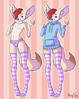 anthro blue_eyes brown_eyes clothed clothing femboy fur gesture hair hair_over_eye hand_gesture heterochromia hoodie inner_ear_fluff legwear male mohawk multicolored_body multicolored_fur one_eye_obstructed panties pattern_background pattern_clothing pattern_legwear pattern_stockings pink_background pointing red_hair simple_background smile solo standing stockings striped_background striped_clothing striped_legwear striped_stockings stripes tan_body tan_fur tongue tongue_out topless topwear tuft two_tone_body two_tone_fur underwear white_body white_fur artysox floppy_byte canid canine fennec_fox fox mammal true_fox cel_shading model_sheet shaded signature