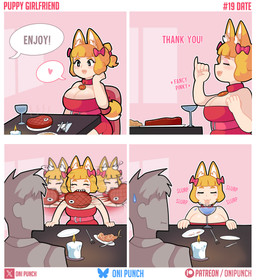 accessory anthro beef big_breasts black_eyes blue_eyes breasts candle cleavage clothed clothing collar container cup cutlery dating dialogue dress drinking_glass duo eyelashes faceless_character faceless_human faceless_male female food fork glass glass_container glass_cup hair_accessory hair_ribbon kitchen_utensils knife male meat plate red_clothing red_dress ribbons sharp_teeth sparkles sparkling_eyes steak teeth text tongue tongue_out tools wine_glass onigiri_punch animal_humanoid canid canid_humanoid canine canine_humanoid dog_humanoid human humanoid mammal mammal_humanoid absurd_res comic english_text hi_res