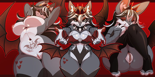 anthro armwear belly_tattoo black_hair black_wings breasts claws clothing collar crown eyes_closed fangs female fishnet_armwear fishnet_clothing genitals hair half-closed_eyes hands_above_head headgear heart_symbol highlights_(coloring) legwear long_hair multicolored_hair multiple_poses narrowed_eyes navel nipples nude nude_anthro nude_female paws pose sharp_teeth smile solo spiked_collar spikes tattoo teeth thigh_highs tramp_stamp two_tone_hair vulva white_highlights wings xstupid_furryx bat mammal hi_res