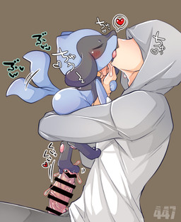 ambiguous_gender anthro big_butt butt butt_squish censor_bar clothing erection faceless_character faceless_human french_kissing hoodie hug kissing leaning leaning_forward male male/ambiguous paws pokedex_number size_difference squish standing_on_penis topwear hissoriing nintendo pokemon canid canine generation_4_pokemon human mammal pokemon_(species) riolu