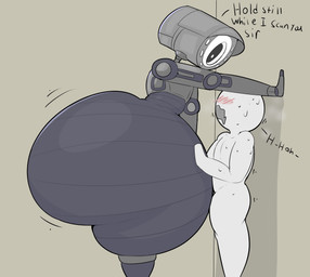big_butt blush bodily_fluids breath butt camera duo hand_on_wall huge_butt hyper hyper_butt larger_male looming_over machine male male/male metallic_body not_furry nude open_mouth panting pinned pinned_to_wall short_male size_difference sweat text thick_thighs bellyboi13 axi_(bellyboi13) human humanoid mammal robot absurd_res english_text hi_res