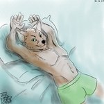 anthro bed bottomwear clothing furniture green_bottomwear green_clothing green_eyes green_shorts hands_up lying male puffy shorts skinny solo de_volt canid canine fox mammal 1:1 hi_res sketch