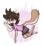 anthro bottomwear brown_body brown_fur brown_hair buckteeth clothed clothing falling fur hair male open_mouth purple_eyes shirt shorts simple_background smile solo teeth topwear white_background aggie_(artist) flying_squirrel mammal rodent sciurid 2018 digital_media_(artwork)