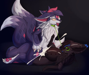 animal_genitalia animal_penis animal_vulva anthro belly_nipples big_penis big_pussy bodily_fluids canine_genitalia canine_penis canine_vulva collar cum cum_inflation cum_inside duo erection female female_penetrated feral fur genital_fluids genitals hair huge_penis inflation knot knotted_penis leash leash_pull male male/female male_penetrating male_penetrating_female multi_nipple multi_tail nipples paws penetration penile penis sex simple_background size_difference smile tail tongue tongue_out redeye nintendo pokemon canid canine eevee fox generation_1_pokemon mammal pokemon_(species) absurd_res digital_media_(artwork) hi_res