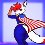 blue_clothing butt cape clothed clothing fur hair male rear_view red_clothing red_eyes red_hair solo superhero tail thick_thighs white_body white_fur retr0foxx the_boys_(series) homelander_(the_boys) canid canine fox mammal 1:1 hi_res