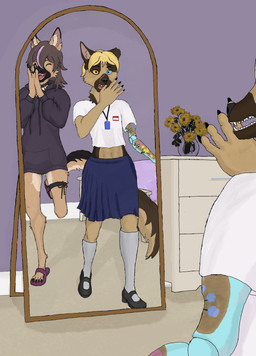 abs ambiguous_gender anthro bedroom black_collar black_mary_janes blonde_hair blue_body blue_eyes blue_skin bottomwear brown_body brown_ear_tips brown_fur brown_hair brown_inner_ear_fluff clipped_ear clothed clothing collar crop_top crossdressing dipstick_ears duo ear_markings eyes_closed footwear fur hair happy heterochromia highlights_(coloring) hoodie humanoid_hands inner_ear_fluff lanyard long_hair looking_at_mirror looking_at_object male markings mary_janes midriff mirror multicolored_ears muscular muscular_anthro muscular_male navel on_one_leg open_mouth oversized_clothing oversized_hoodie oversized_topwear pink_inner_ear pleated_skirt prosthetic prosthetic_arm prosthetic_limb purple_clothing purple_highlights purple_hoodie purple_topwear reflection shirt shocked shoes skirt smile standing tan_body tan_fur topwear tuft wearing_collar white_clothing white_crop_top white_knee_highs white_topwear yellow_eyes wannabehobo canid canine canis domestic_dog german_shepherd herding_dog mammal pastoral_dog absurd_res digital_drawing_(artwork) digital_media_(artwork) hi_res