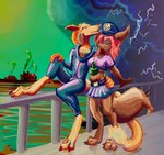 anthro clothing drinking duo electricity female hat headgear headwear hug hurricane latex latex_clothing latex_skinsuit lightning love male male/female peaked_cap romantic romantic_couple rubber_clothing sea ship skinsuit storm tail tight_clothing vehicle water watercraft miyuka prostokvashino tama-tama canid canine hybrid kangaroo macropod mammal marsupial sergal hi_res