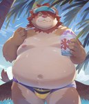 2022 absurd_res anthro belly big_belly bulge clothing cloud cute_fangs dessert detailed_background eyes_closed felid food hat headgear headwear hi_res japanese_text kakigori kemono lifewonders lion male mammal moobs navel nipples outside overweight overweight_male palm_tree pantherine plant seamonsterping shaved_ice solo swimwear text tokyo_afterschool_summoners translated tree vapula_(tas) wings