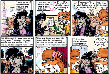 angry anthro black_hair black_nose blush breasts brown_eyes clothed clothing dialogue eyewear female fur goggles greeting grey_body grey_skin group hair jacket open_clothing open_jacket open_topwear orange_body orange_fur orange_hair question_mark shirt text topwear trio_focus style_wager dela_the_hooda dela_aldershaw melody_aldershaw ulma_(dela_the_hooda) canid canine fox goblin hooda humanoid mammal 2002 comic english_text