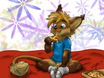 animal_genitalia anthro balls barely_visible_balls barely_visible_genitalia bed big_ears blue_clothing blue_eyes blue_shirt blue_topwear bottomless cheese_string clothed clothing container cute_fangs dirty dirty_clothing dirty_socks ear_tuft eating eating_food fangs food footwear fully_sheathed furniture genitals hand_between_legs holding_food holding_object holding_pizza leg_markings male markings on_bed pizza pizza_box pizza_slice sheath shirt sitting sitting_on_bed socks socks_(marking) solo tail tail_tuft teeth topwear tuft young zephyrpanthur canid canine hybrid mammal
