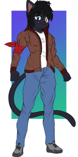 anthro black_body black_fur blue_bottomwear blue_clothing blue_eyes blue_jeans blue_pants bottomwear bracelet brown_clothing brown_jacket brown_topwear clothed clothing denim denim_bottomwear denim_clothing footwear fur heterochromia jacket jeans jewelry male pants red_bracelet shirt shoes simple_background smile sneakers solo topwear white_clothing white_shirt white_topwear yellow_eyes catvs foxynoms shade_(catvs) domestic_cat felid feline felis mammal absurd_res hi_res