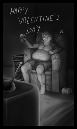 alcohol anthro beer beverage black_border border boxers_(clothing) clothed clothing drunk food footwear furniture holiday_message holidays lazy legwear living_room male overweight overweight_anthro overweight_male slightly_chubby socks sofa solo substance_intoxication text topless underwear johnfreak valentine's_day avian bird owl 2015 3:5 absurd_res digital_media_(artwork) english_text greyscale hi_res monochrome paint_tool_sai_(artwork)