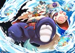 anthro ball belly bottomwear bulge clothing hat headgear headwear kemono magic male navel overweight overweight_male pants solo water ssu_open asian_mythology east_asian_mythology japanese_mythology lifewonders mythology tokyo_afterschool_summoners agyo_(tas) foo_dog komainu mammal yokai 2025 hi_res