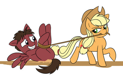 blonde_hair brown_eyes brown_hair captured clothing cowboy_hat cutie_mark duo eye_contact feathered_wings feathers female feral freckles green_eyes hair hat headgear headwear lasso long_hair looking_at_another male rope smile wings mickeymonster friendship_is_magic hasbro my_little_pony mythology applejack_(mlp) fan_character earth_pony equid equine horse mammal mythological_creature mythological_equine pegasus pony 2013