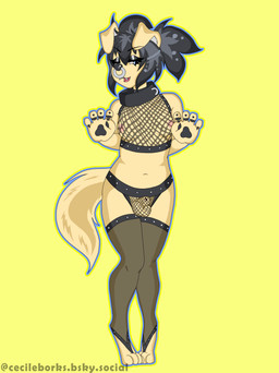 animal_genitalia anthro balls bedroom_eyes black_hair breasts canine_genitalia clothed clothing collar floppy_ears fully_sheathed fur genitals gynomorph hair intersex lace lace_panties legwear narrowed_eyes nipples oversized_collar panties pawpads piercing pigtails pink_nipples seductive sheath skimpy smile solo stockings tail twintails_(hairstyle) underwear yellow_body yellow_fur cecildeatrio cecile_(cecildeatrio) bird_dog canid canine canis domestic_dog golden_retriever hunting_dog mammal retriever absurd_res hi_res