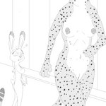 anthro bench bodily_fluids breasts butt drooling duo female fur genitals heart_symbol locker_room markings navel nipples nude pussy saliva scut_tail short_tail spots spotted_body spotted_fur tail walking_away thermite disney zootopia judy_hopps kii_catano cheetah felid feline lagomorph leporid mammal rabbit 1:1 monochrome