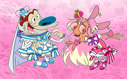 4_fingers accessory alternative_fashion anthro blue_clothing blue_nose bow_ribbon clothing cosplay cosplay_lolita crossover_cosplay duo fingers hair_accessory hair_bow hair_ribbon j-fashion lolita_(fashion) lolita_dress magical_girl_outfit male on_model open_mouth pattern_background pink_background pink_clothing pink_eyes pink_sclera pink_text pink_tongue ribbons shocked simple_background sweet_lolita text tongue smileyjuiice nickelodeon pretty_cure ren_and_stimpy toei_animation wonderful_precure wonderful_precure! cure_nyammy cure_wonderful komugi_(precure) nekoyashiki_yuki ren_höek stimpy_j._cat canid canine canis chihuahua domestic_cat domestic_dog felid feline felis mammal manx toy_dog 2024 clip_studio_paint_(artwork) crossover digital_drawing_(artwork) digital_media_(artwork) english_description hi_res signature