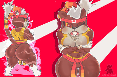 accessory anthro anthrofied belt big_breasts big_butt breast_squish breasts brown_body brown_fur butt clothing female fur headband headgear headwear highlights_(coloring) pokemorph shortstack solo squish thick_thighs wide_hips boggsart nintendo pokemon fan_character generation_5_pokemon pokemon_(species) watchog hi_res