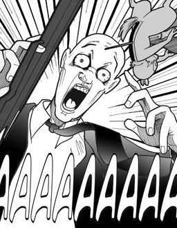 5_fingers abdominal_impalement anthro black_tie_(suit) bulging_eyes clothing dart duo falling fingers gun horror_(expression) impalement male ranged_weapon screaming shocked suit weapon chris_fischer disney chip_(disney) chipmunk ground_squirrel human mammal rodent sciurid comic hi_res