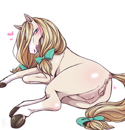 accessory animal_genitalia animal_vulva anus blonde_hair blue_eyes blush bow_(feature) bow_accessory bow_ribbon clitoral_winking clitoris equine_anus equine_genitalia equine_vulva female feral furgonomics genitals hair hair_accessory hair_bow hair_ribbon heart_symbol hooves licking licking_lips licking_own_lips lying nipples nude on_side presenting presenting_anus presenting_teats presenting_vulva puffy_anus ribbons self_lick simple_background solo tail tail_accessory tail_bow tail_ribbon teats tongue tongue_out vulva white_background negoya equid equine horse mammal 2018