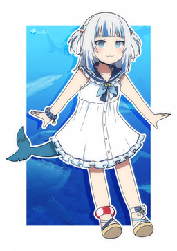 :3 accessory anklet bangs bare_arms blue_background blue_eyes blue_hair_tips blue_highlights blunt_bangs blush border bracelet brown_clothing brown_footwear brown_sandals button_dress clothing collarbone commentary cosplay crossover_cosplay dress english_commentary feet female fin fish_tail flat_chested footwear frilly frilly_clothing frilly_dress grey_hair hair hair_accessory highlights_(coloring) jewelry logo looking_at_viewer medium_hair mouth_closed multicolored_hair one_piece_suit outline pale_skin pigtails sailor_collar sailor_dress sandals scrunchie sea shark_tail shoes short_dress simple_background sleeveless_clothing sleeveless_dress small_feet smile solo split_mouth tail text two_side_up two_tone_hair underwater water white_background white_border white_clothing white_dress white_hair white_outline young hanifanims hololive hololive_en vtuber gawr_gura sameko_saba_(vtuber) animal_humanoid aquatic aquatic_humanoid fish fish_humanoid humanoid shark shark_humanoid artist_logo artist_name crossover full-length_portrait hi_res portrait signature